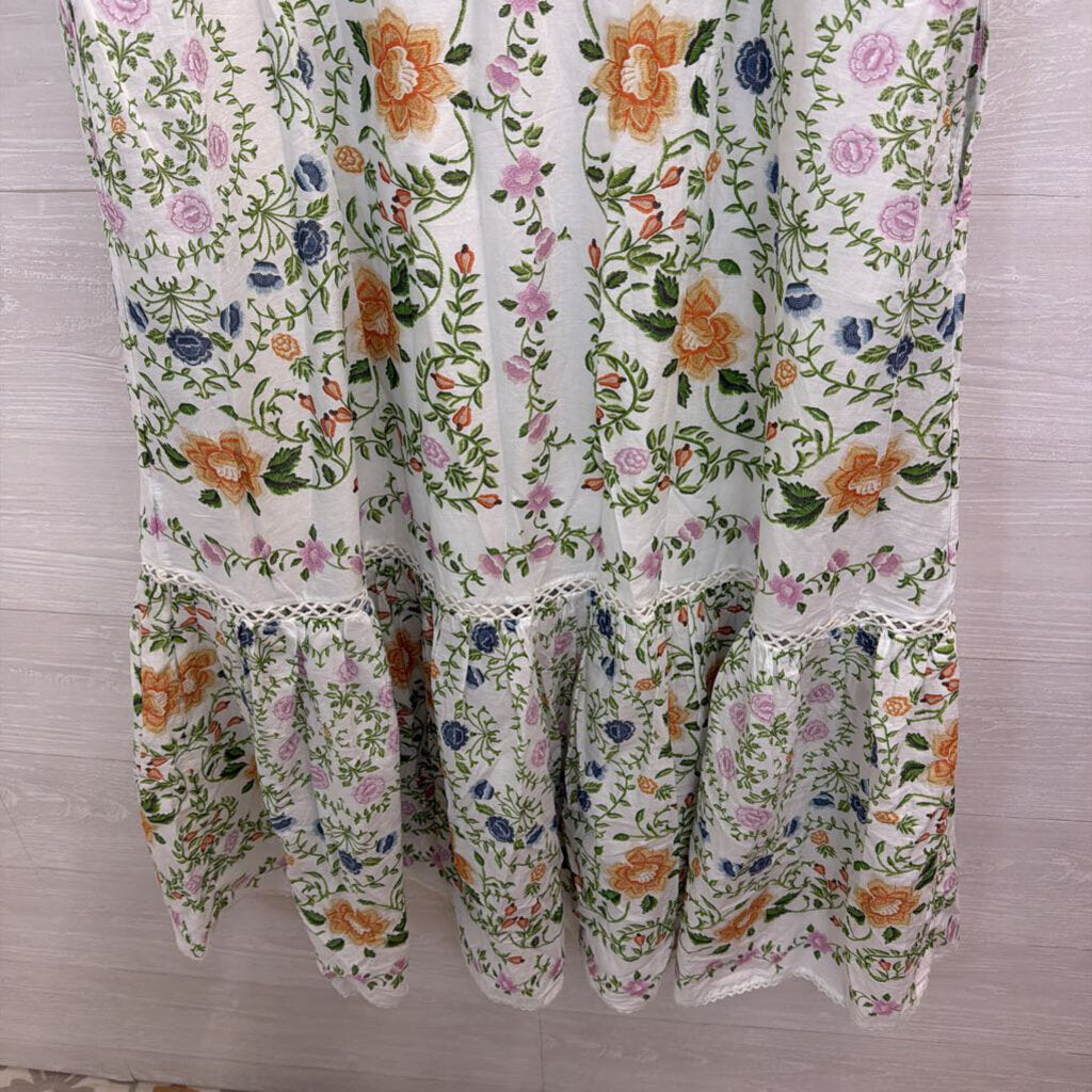 Farm Rio White/ Multi Folk Floral Lace Midi Short Sleeve Dress Extra Large