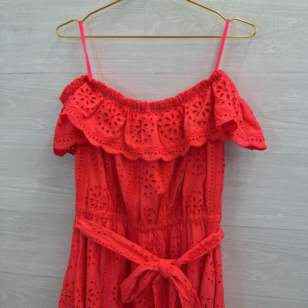 Lilly Pultizer Bright Coral Eyelet Off Shoulder Tie Waist Maxi Dress Extra Large