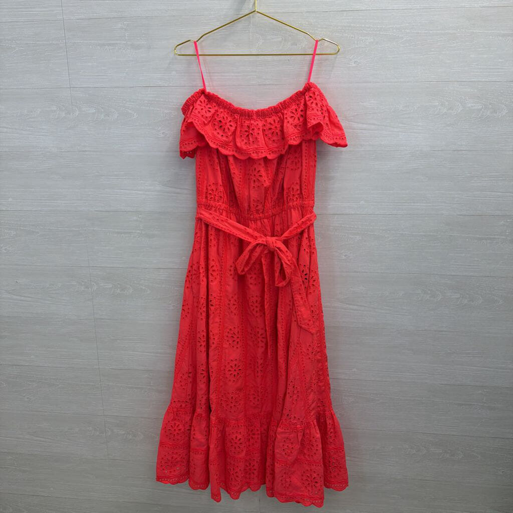 Lilly Pultizer Bright Coral Eyelet Off Shoulder Tie Waist Maxi Dress Extra Large