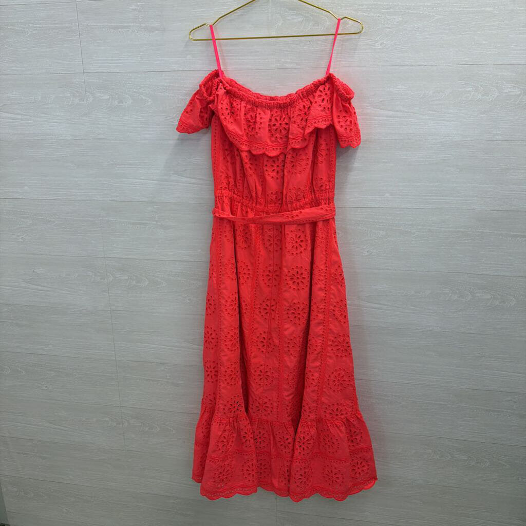 Lilly Pultizer Bright Coral Eyelet Off Shoulder Tie Waist Maxi Dress Extra Large
