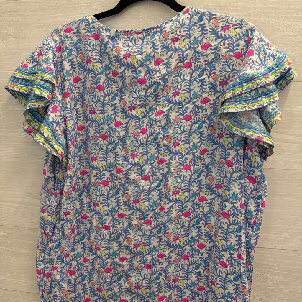Vineyard Vines White/ Multi Print Short Flutter Sleeve Shift Dress Extra Large