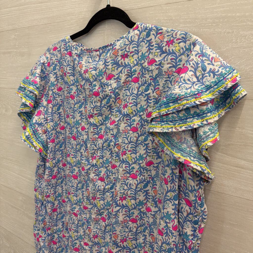 Vineyard Vines White/ Multi Print Short Flutter Sleeve Shift Dress Extra Large