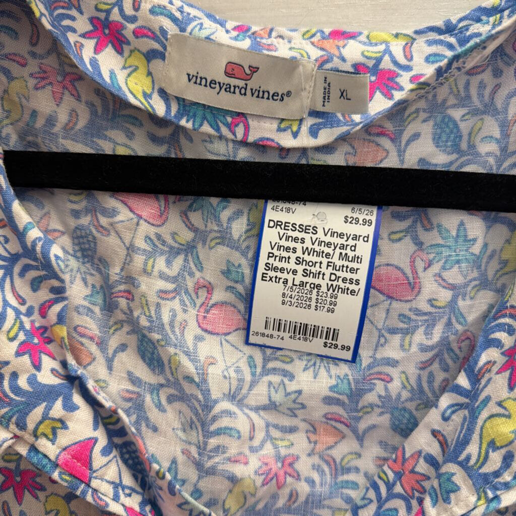 Vineyard Vines White/ Multi Print Short Flutter Sleeve Shift Dress Extra Large