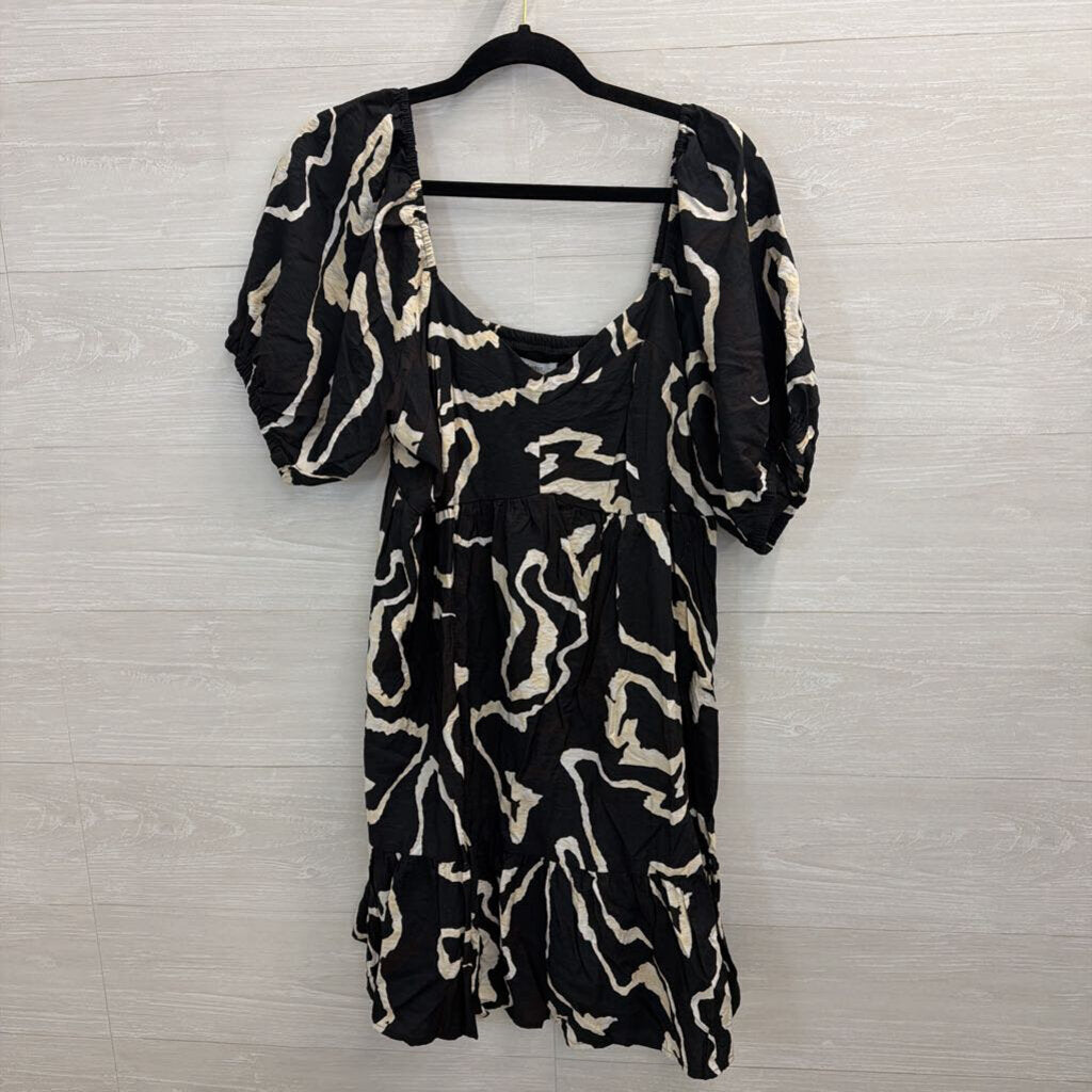 Nine West Black/ Cream Print Short Puff Sleeve Dress Extra Large