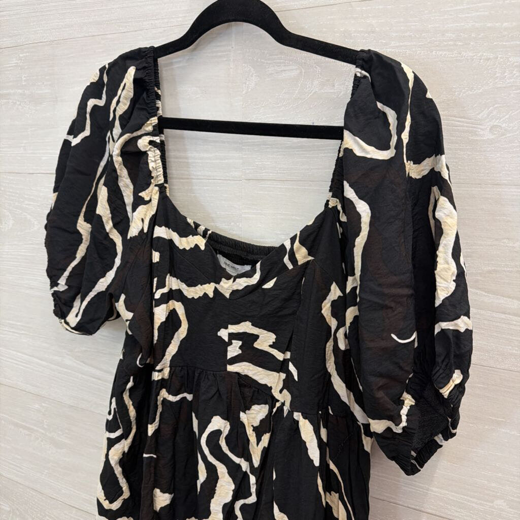 Nine West Black/ Cream Print Short Puff Sleeve Dress Extra Large