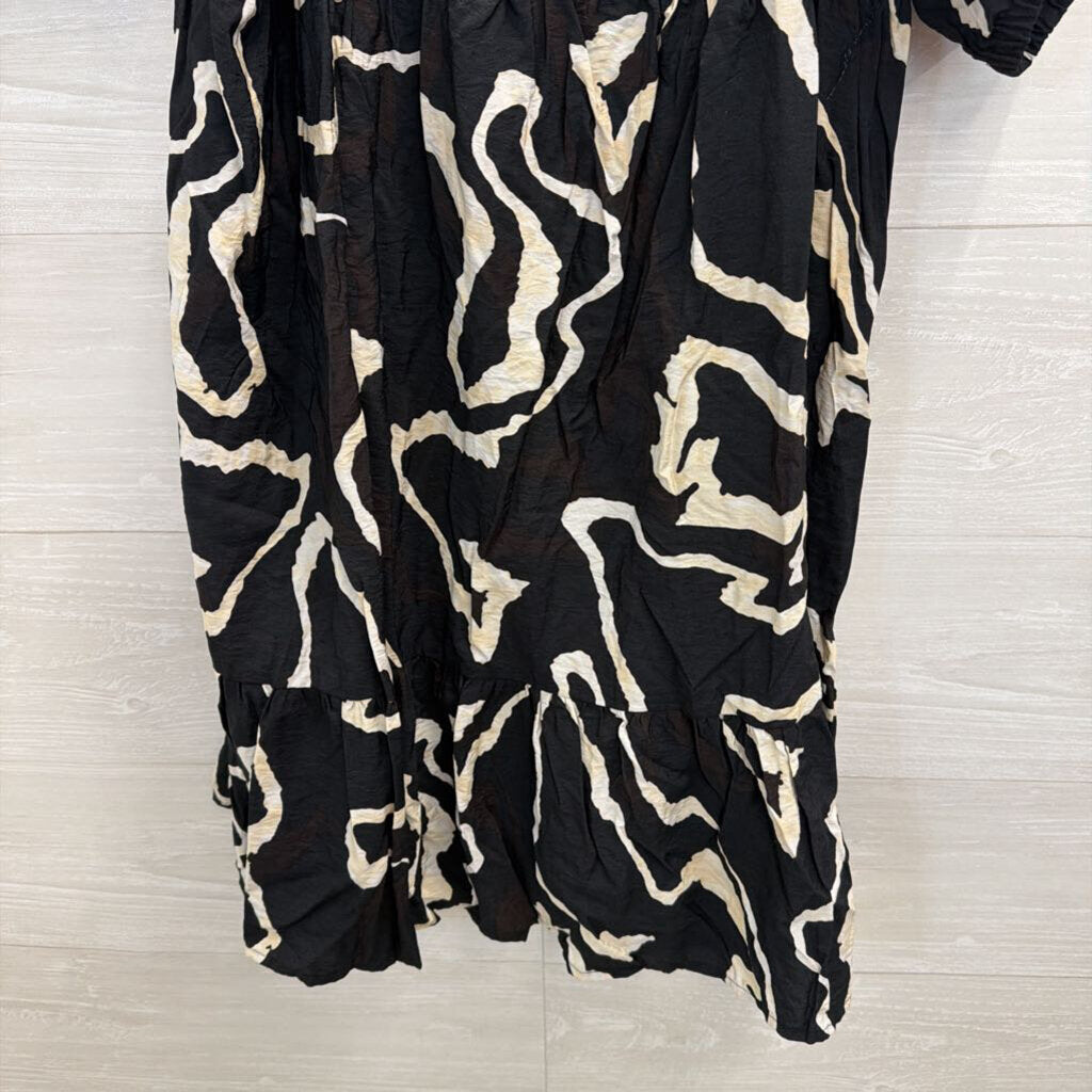 Nine West Black/ Cream Print Short Puff Sleeve Dress Extra Large