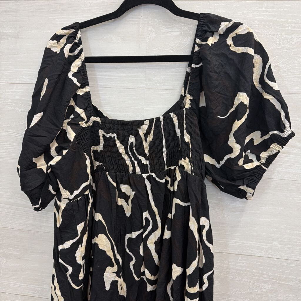 Nine West Black/ Cream Print Short Puff Sleeve Dress Extra Large