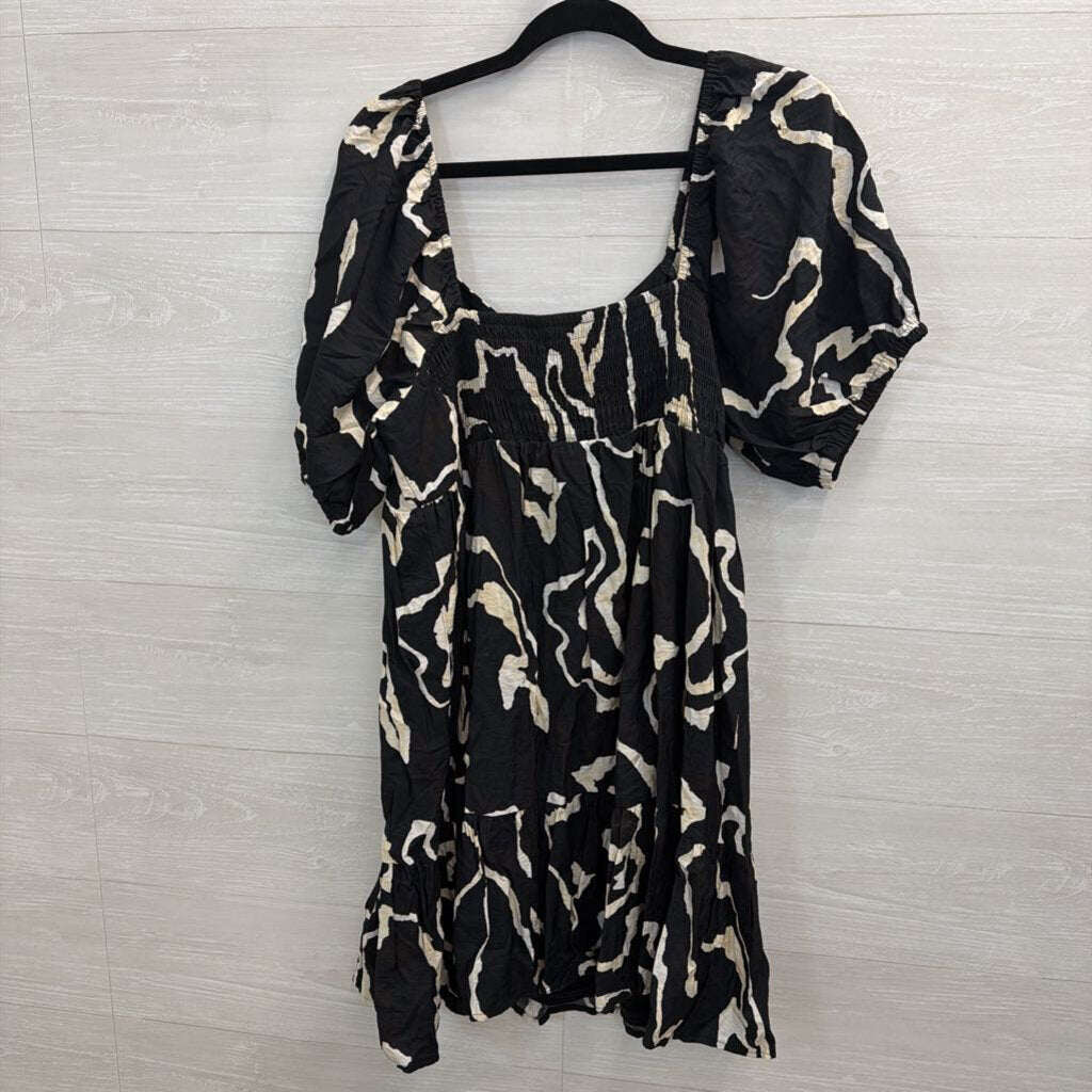 Nine West Black/ Cream Print Short Puff Sleeve Dress Extra Large