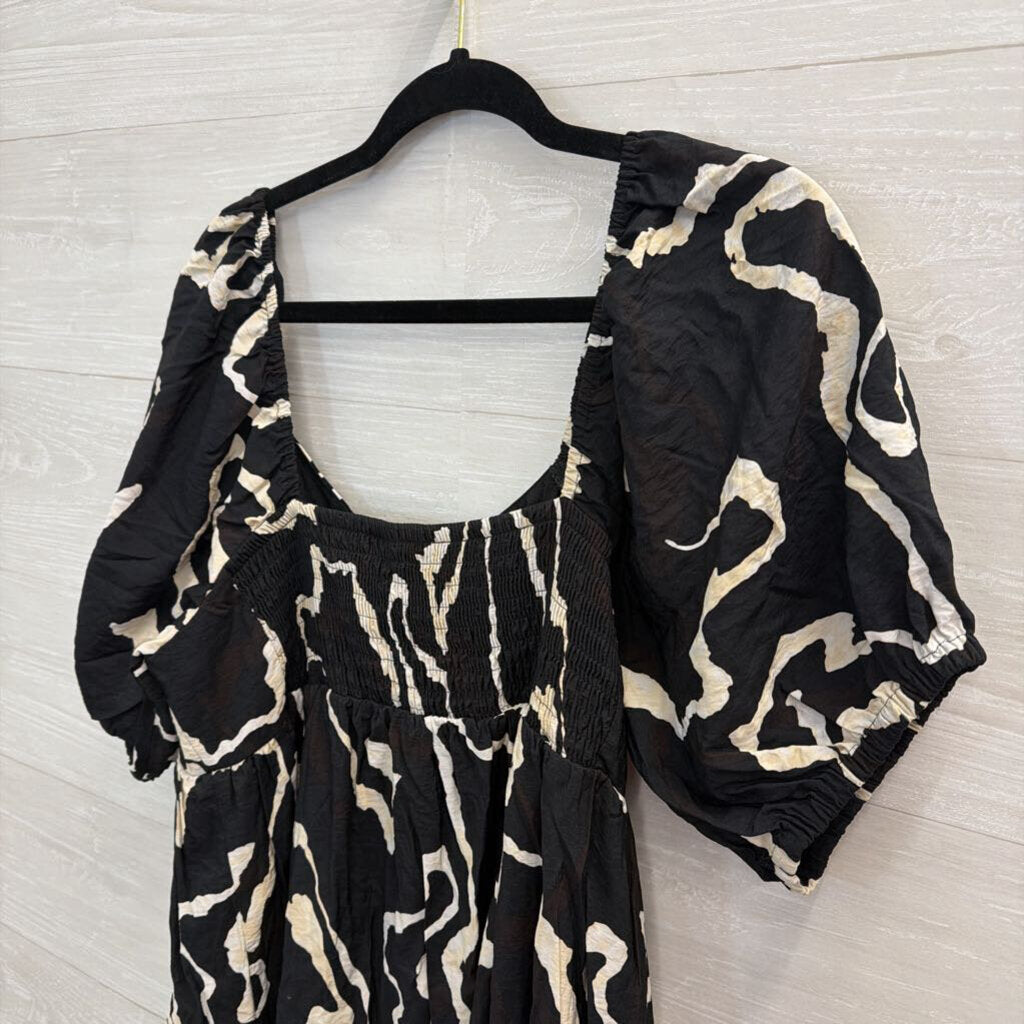 Nine West Black/ Cream Print Short Puff Sleeve Dress Extra Large