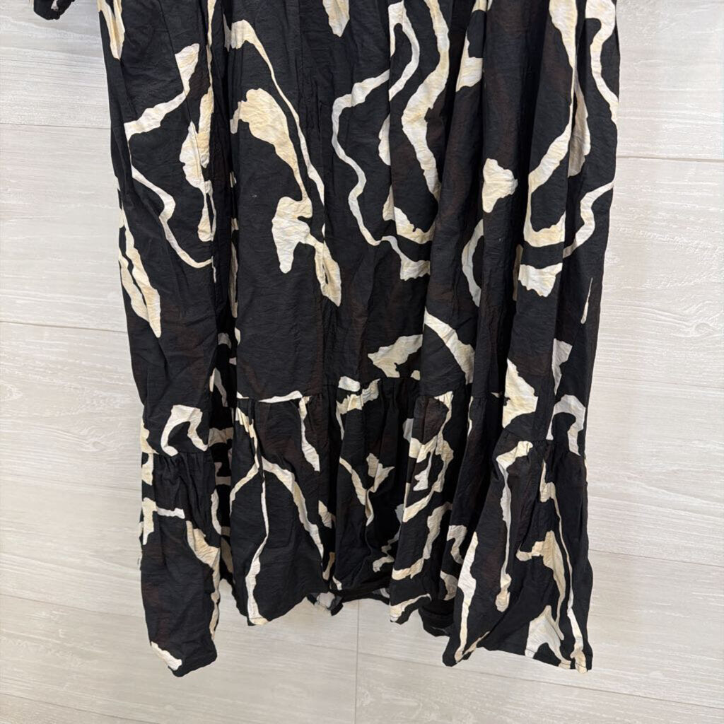 Nine West Black/ Cream Print Short Puff Sleeve Dress Extra Large
