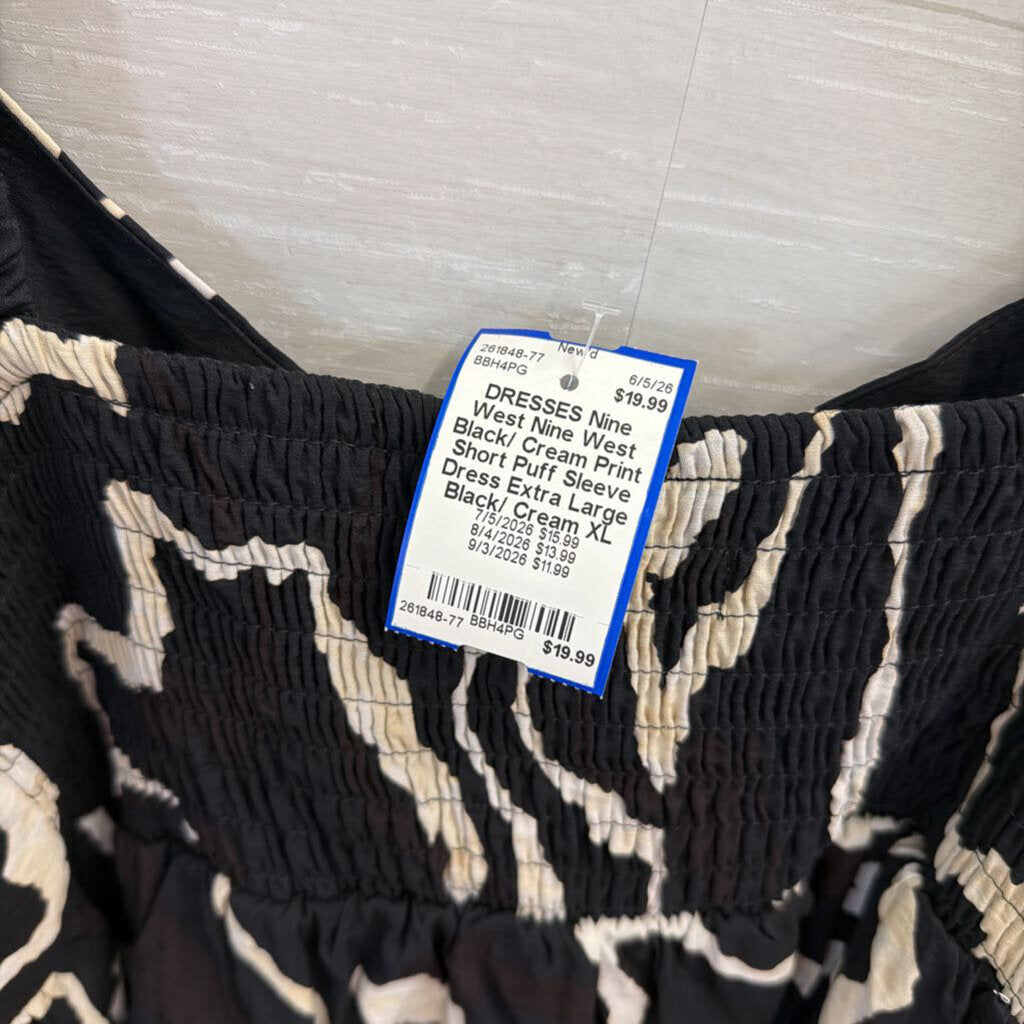 Nine West Black/ Cream Print Short Puff Sleeve Dress Extra Large