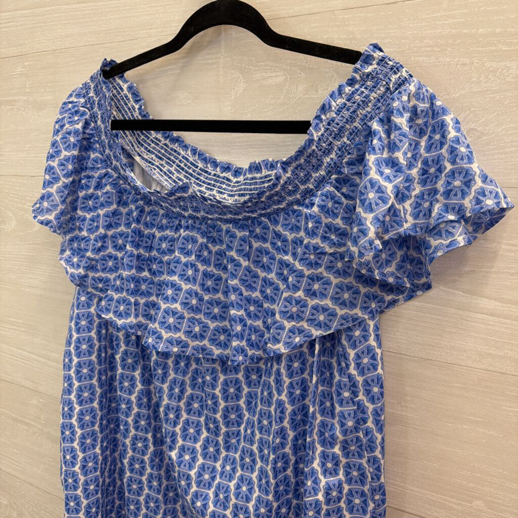 Vineyard Vines Blue/ White Print Off Shoulder Dress Extra Large