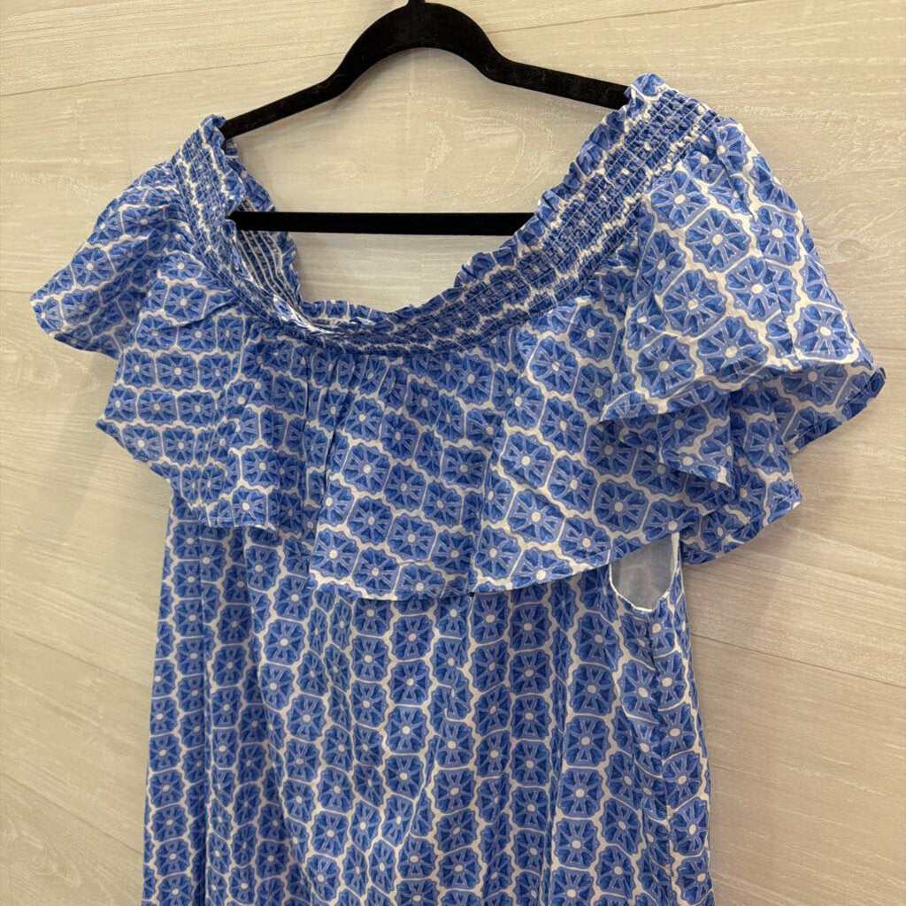 Vineyard Vines Blue/ White Print Off Shoulder Dress Extra Large