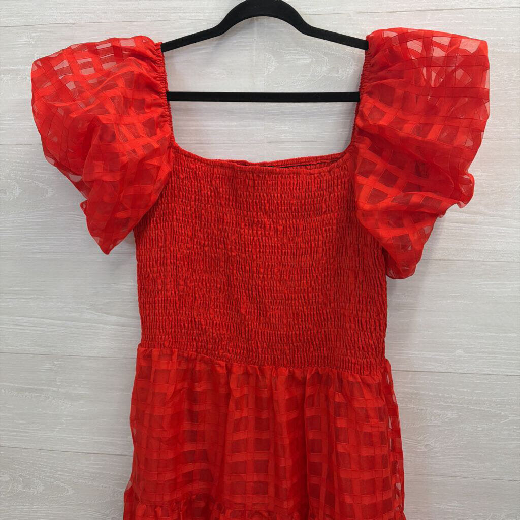 Pretty Garden Red Checkered Print Short Puff Sleeve Midi Dress XXL