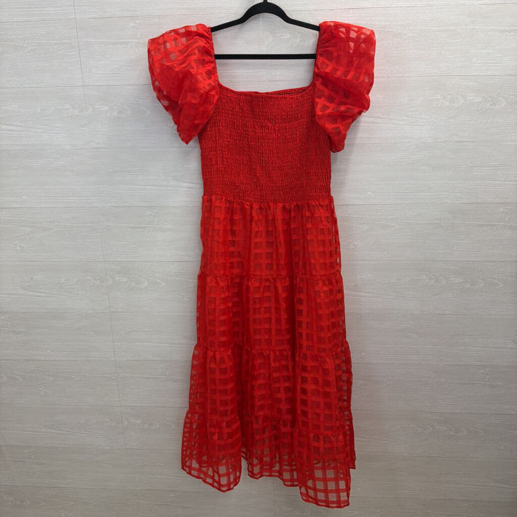 Pretty Garden Red Checkered Print Short Puff Sleeve Midi Dress XXL