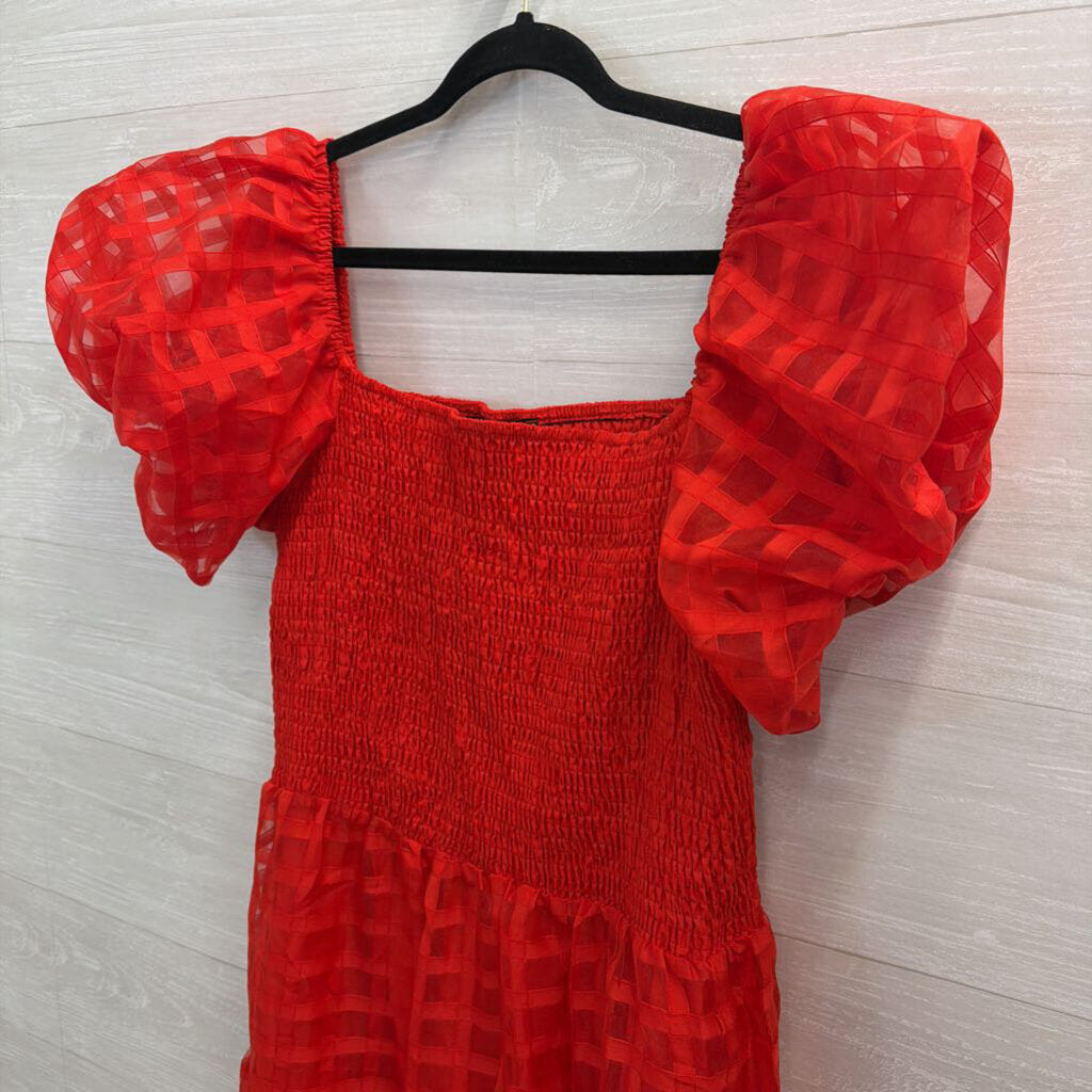Pretty Garden Red Checkered Print Short Puff Sleeve Midi Dress XXL