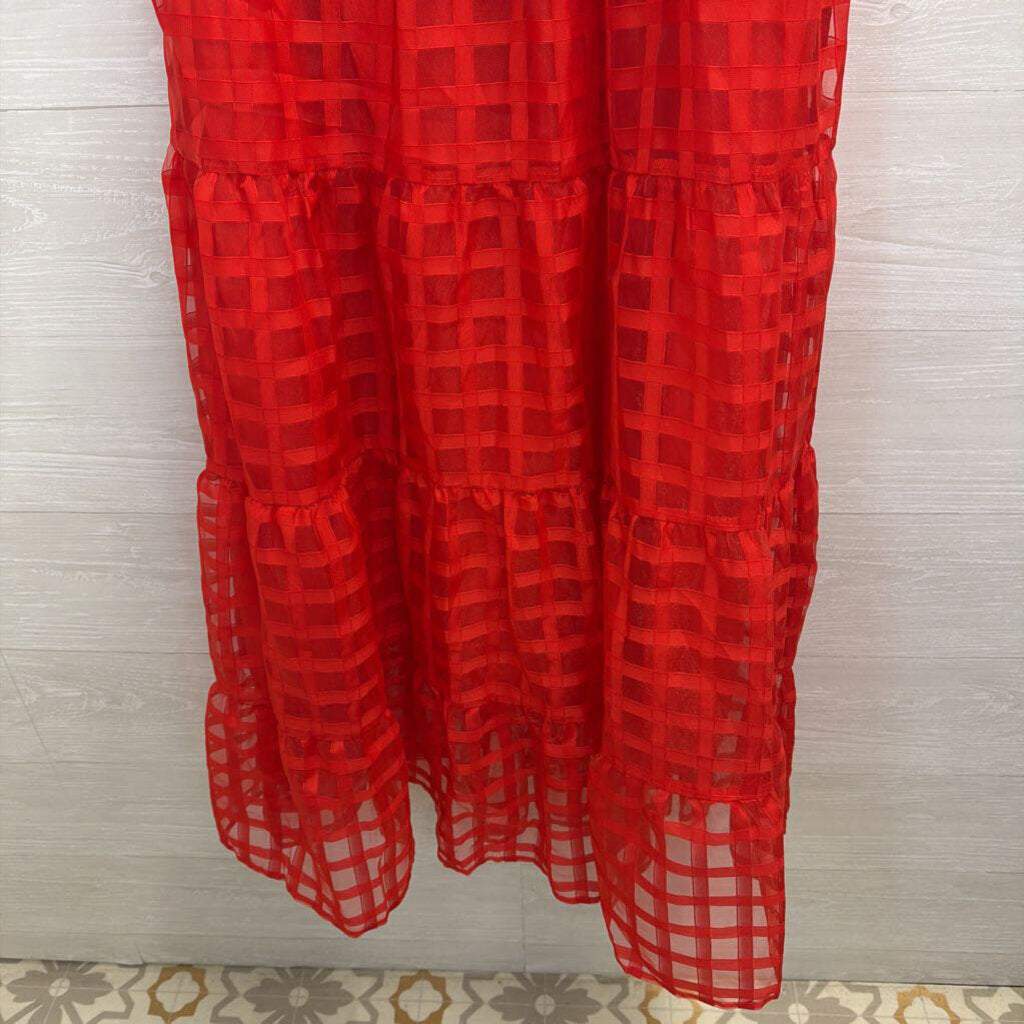 Pretty Garden Red Checkered Print Short Puff Sleeve Midi Dress XXL