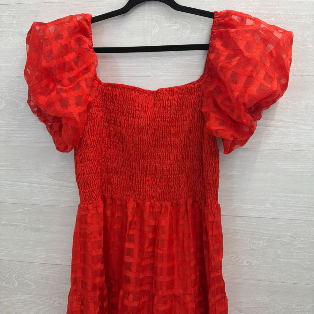 Pretty Garden Red Checkered Print Short Puff Sleeve Midi Dress XXL