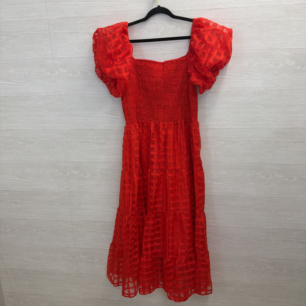 Pretty Garden Red Checkered Print Short Puff Sleeve Midi Dress XXL