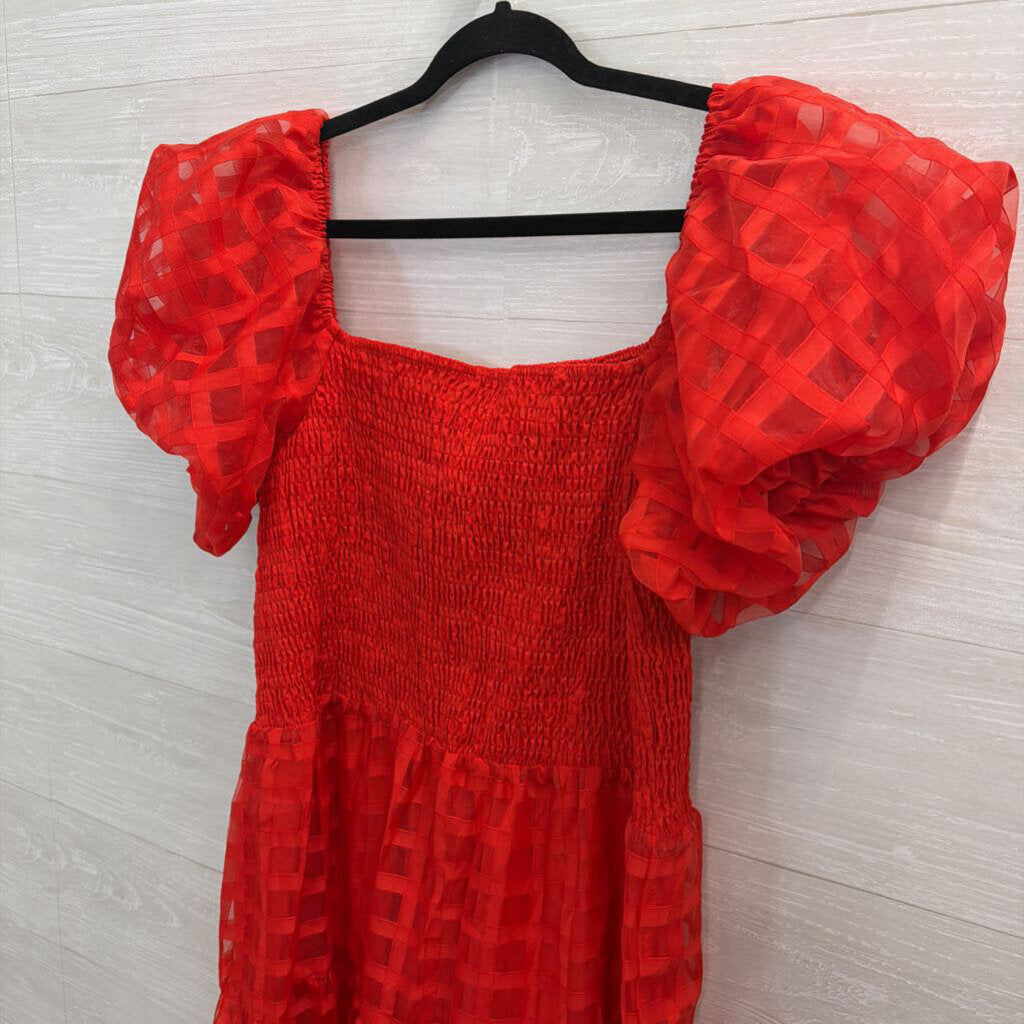 Pretty Garden Red Checkered Print Short Puff Sleeve Midi Dress XXL