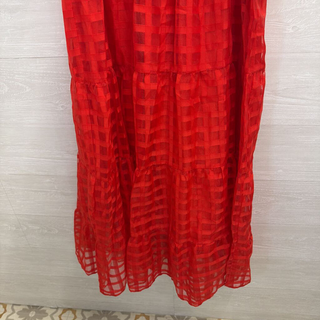 Pretty Garden Red Checkered Print Short Puff Sleeve Midi Dress XXL