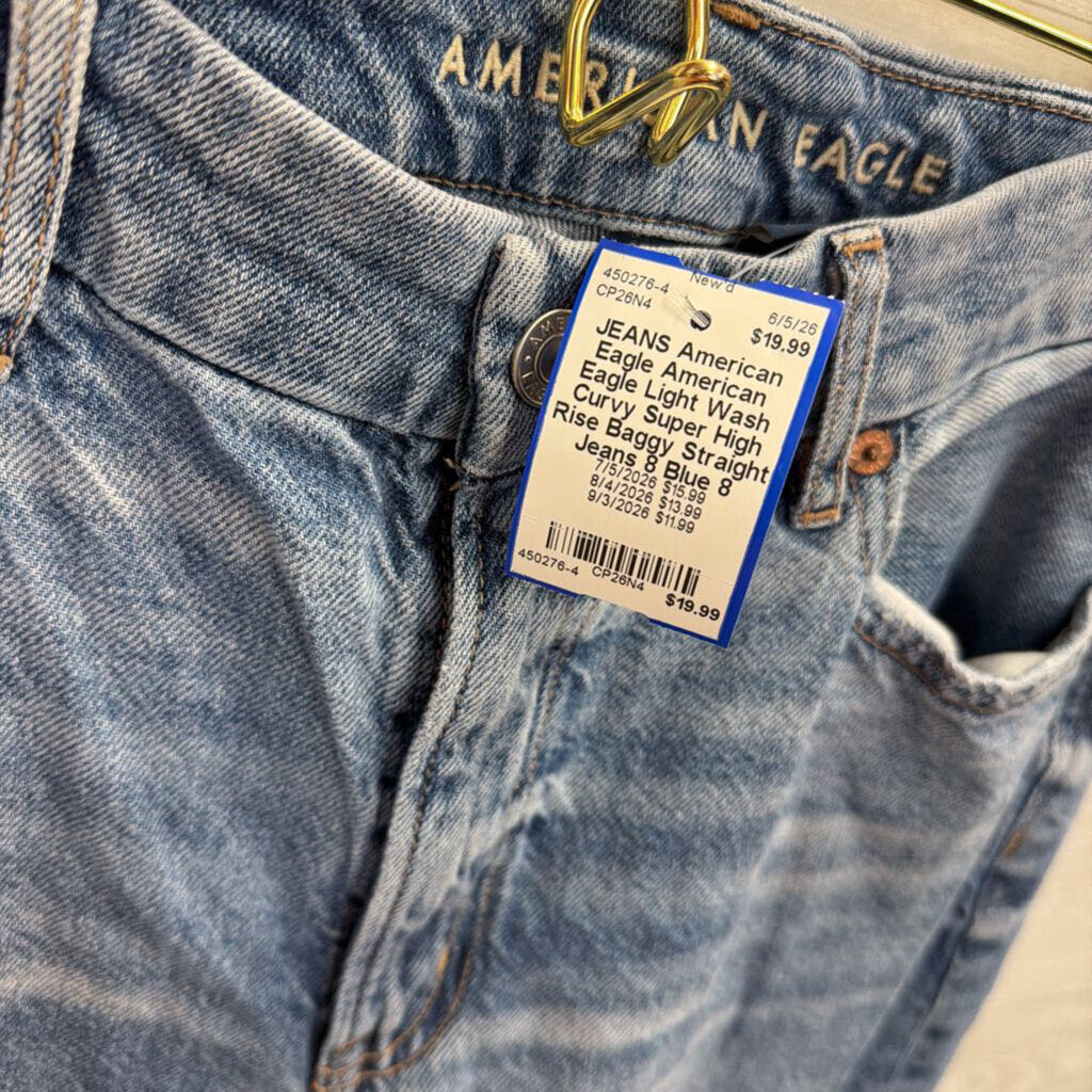 American Eagle Light Wash Curvy Super High Rise Baggy Straight Jeans 8