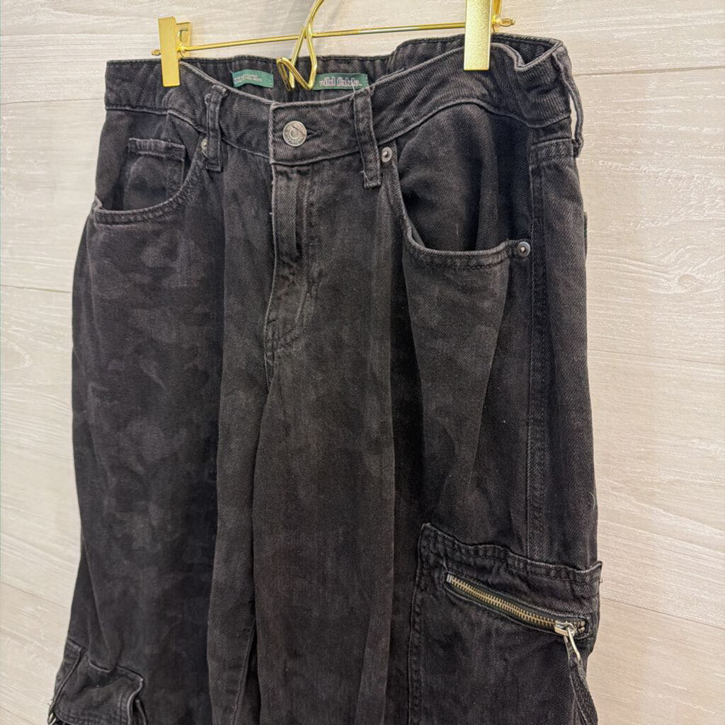 Black Denim Mid Rise Baggy Cargo Jeans 8