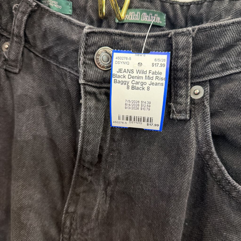 Black Denim Mid Rise Baggy Cargo Jeans 8