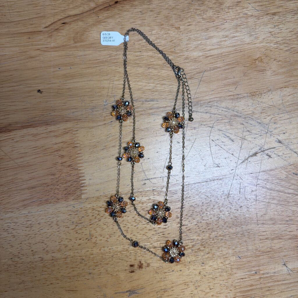 Long Gold Floral Beaded Necklace