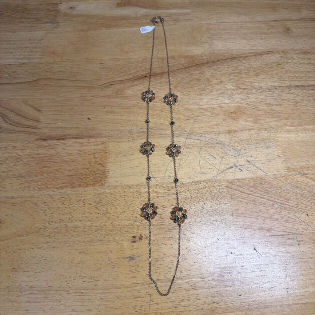 Long Gold Floral Beaded Necklace