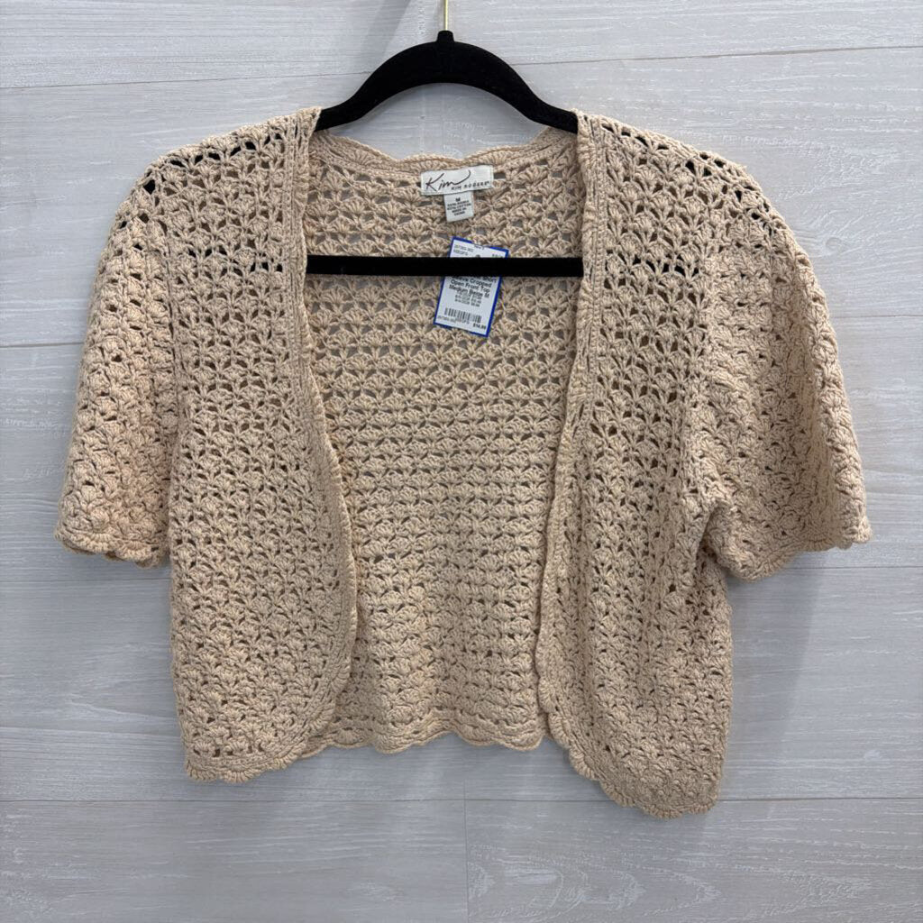 Kim Rogers Beige Crochet Knit Short Sleeve Cropped Open Front Top Medium