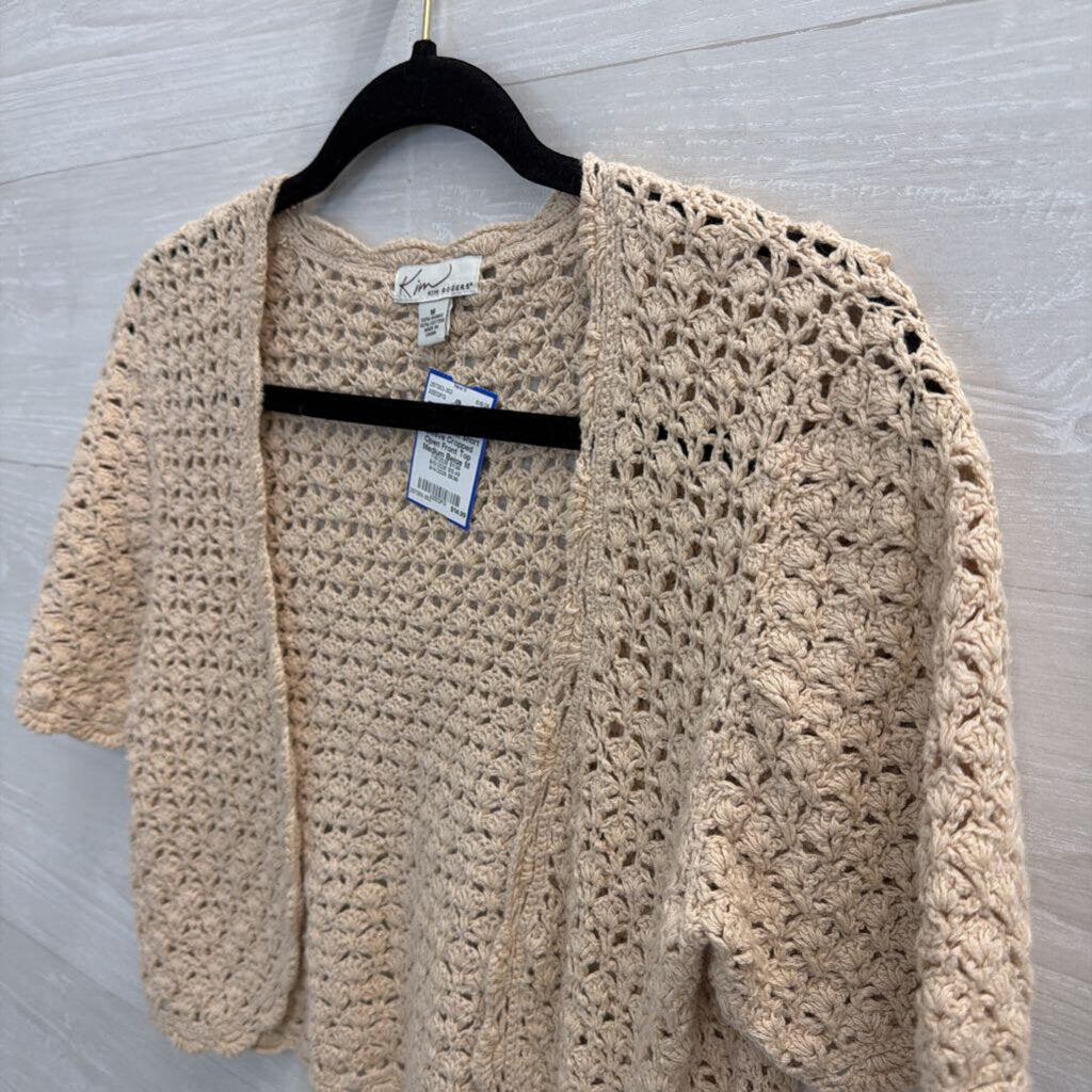 Kim Rogers Beige Crochet Knit Short Sleeve Cropped Open Front Top Medium