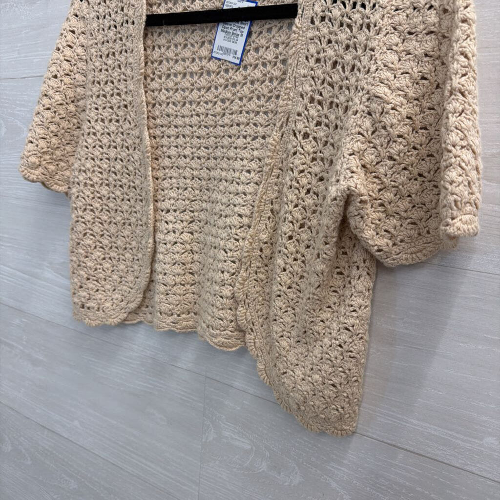 Kim Rogers Beige Crochet Knit Short Sleeve Cropped Open Front Top Medium