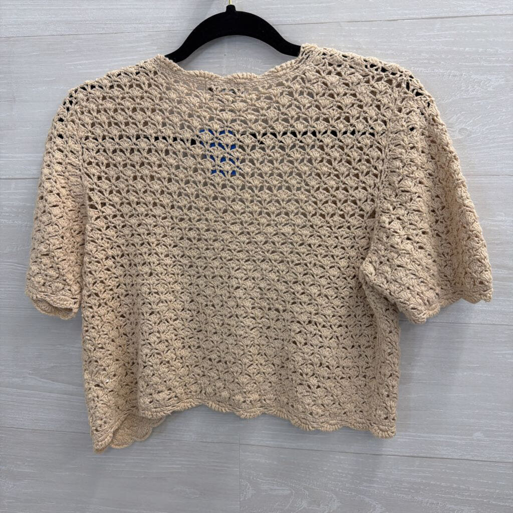 Kim Rogers Beige Crochet Knit Short Sleeve Cropped Open Front Top Medium