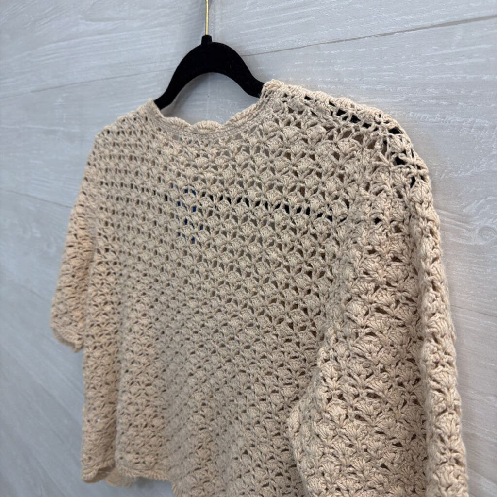 Kim Rogers Beige Crochet Knit Short Sleeve Cropped Open Front Top Medium