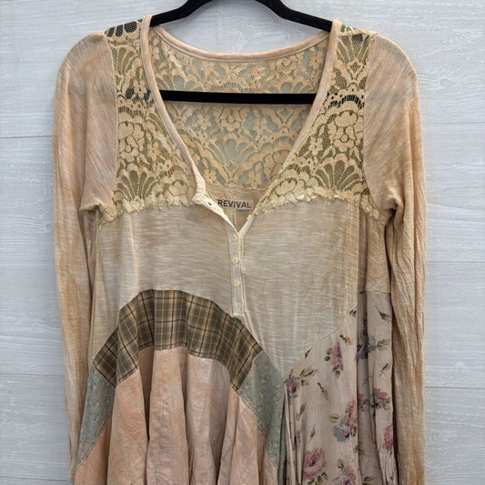 Revival Brown/ Multi Patchwork Lace Detail Long Sleeve Top Medium
