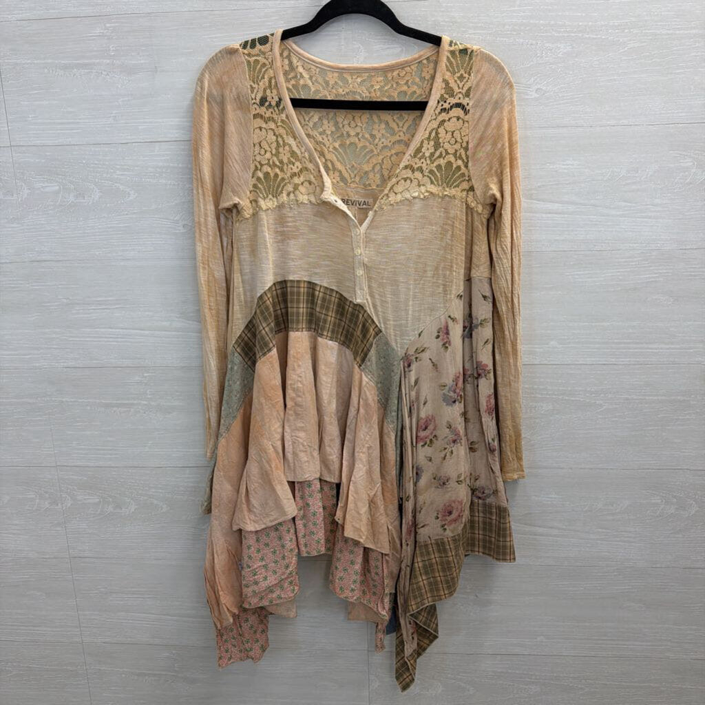 Revival Brown/ Multi Patchwork Lace Detail Long Sleeve Top Medium