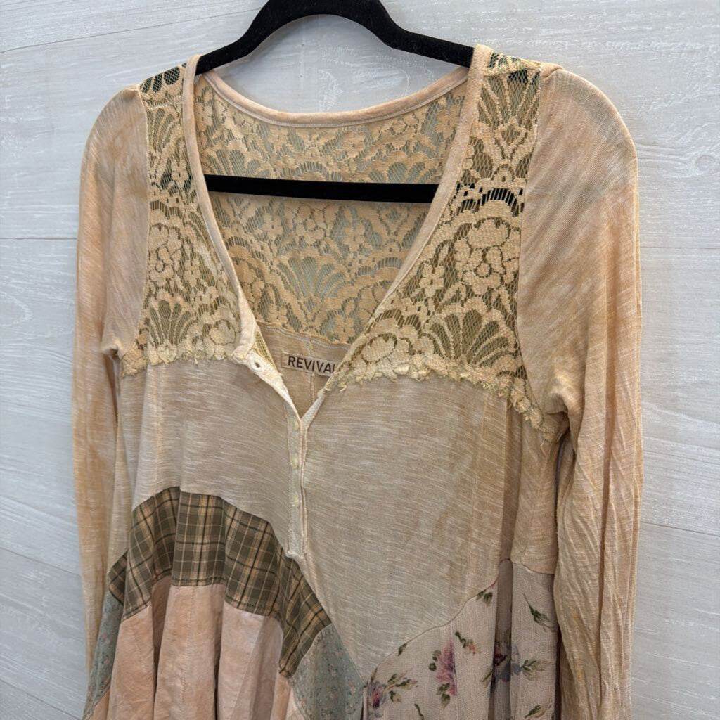 Revival Brown/ Multi Patchwork Lace Detail Long Sleeve Top Medium
