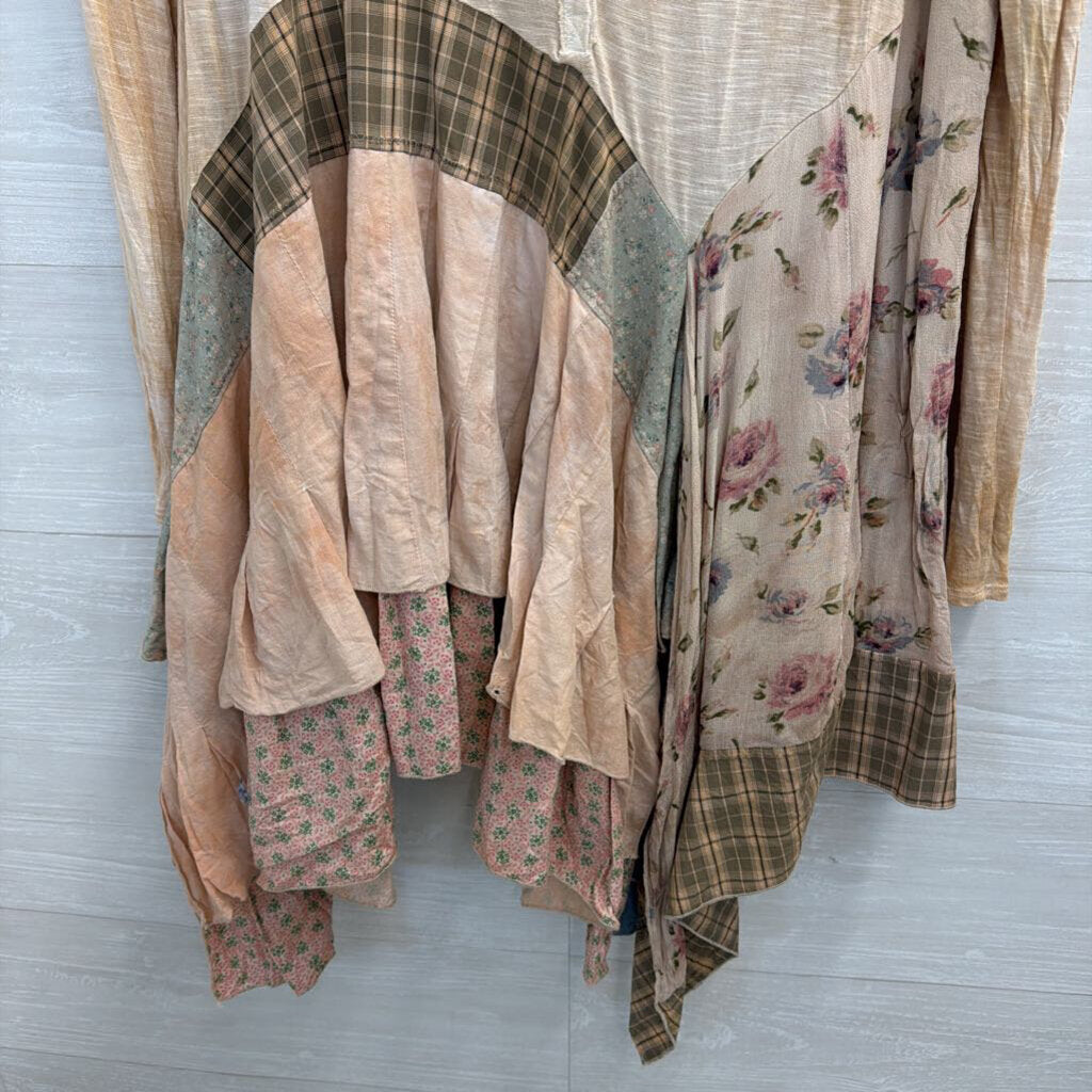 Revival Brown/ Multi Patchwork Lace Detail Long Sleeve Top Medium
