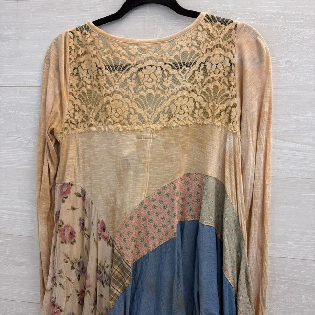 Revival Brown/ Multi Patchwork Lace Detail Long Sleeve Top Medium