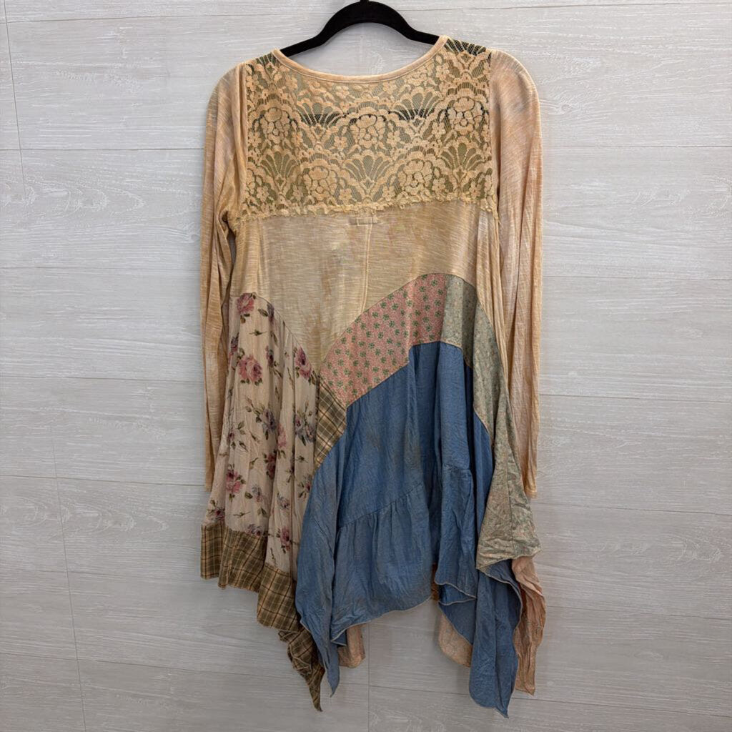 Revival Brown/ Multi Patchwork Lace Detail Long Sleeve Top Medium