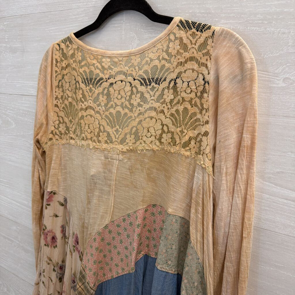 Revival Brown/ Multi Patchwork Lace Detail Long Sleeve Top Medium