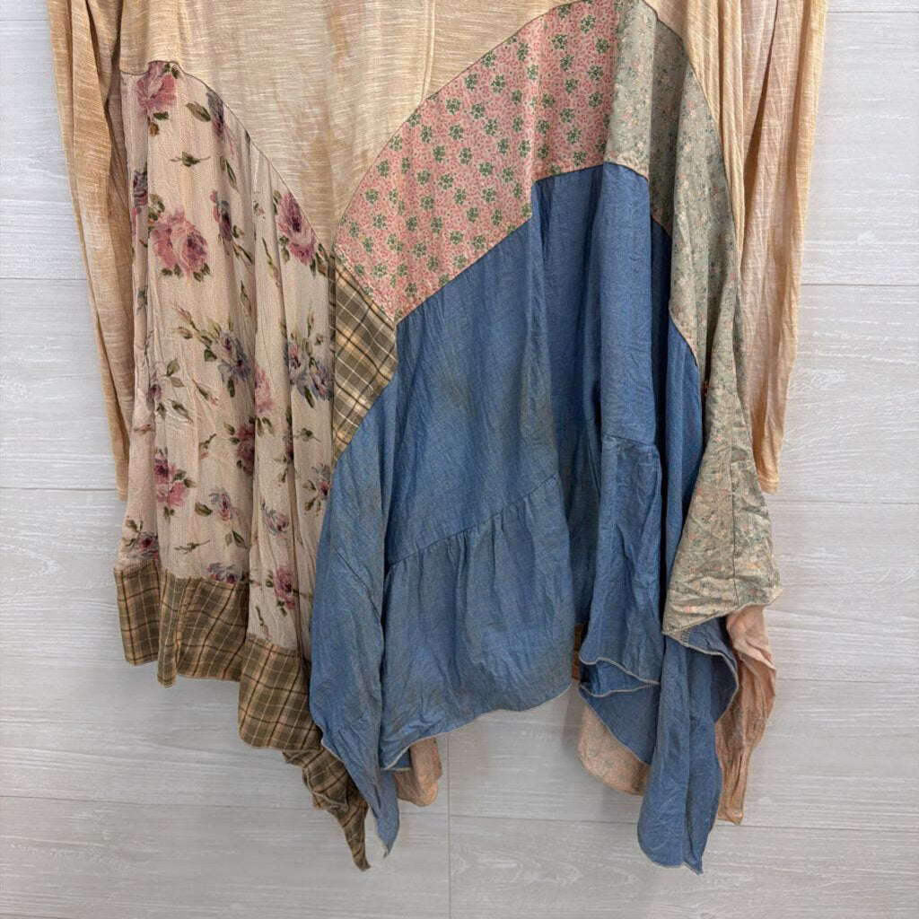 Revival Brown/ Multi Patchwork Lace Detail Long Sleeve Top Medium