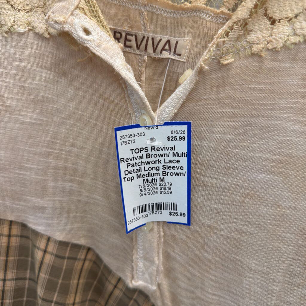 Revival Brown/ Multi Patchwork Lace Detail Long Sleeve Top Medium
