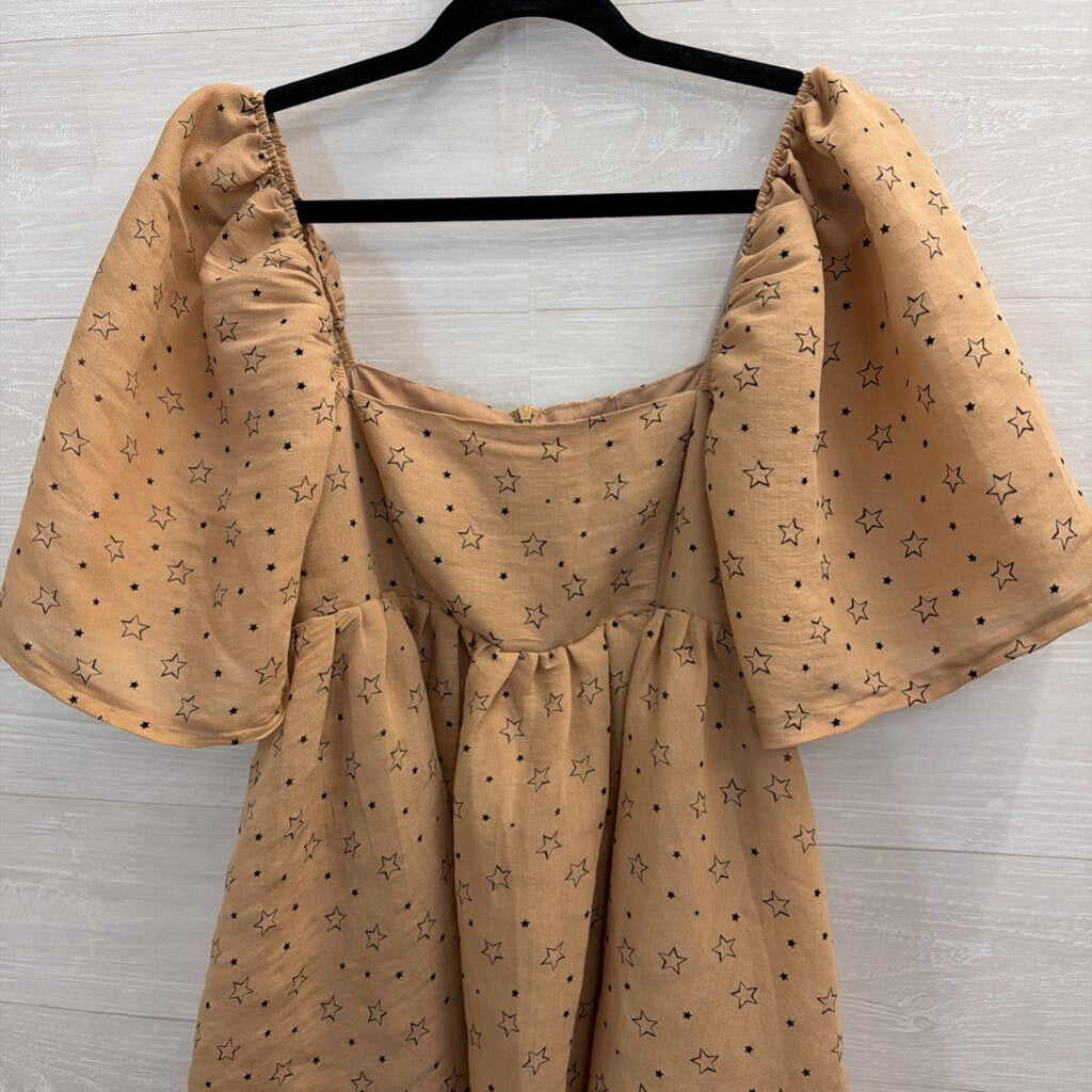 Brown/ Black Star Print Short Puff Sleeve Dress Medium