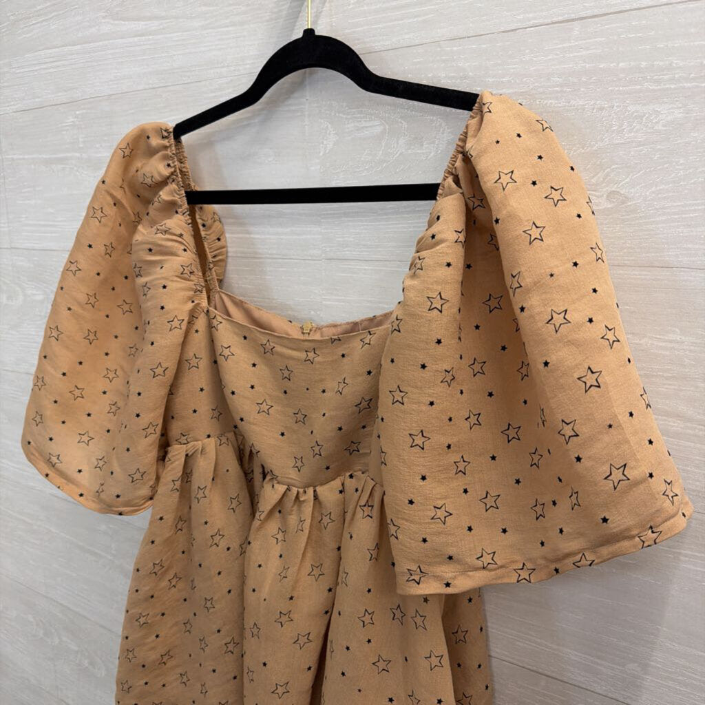 Brown/ Black Star Print Short Puff Sleeve Dress Medium