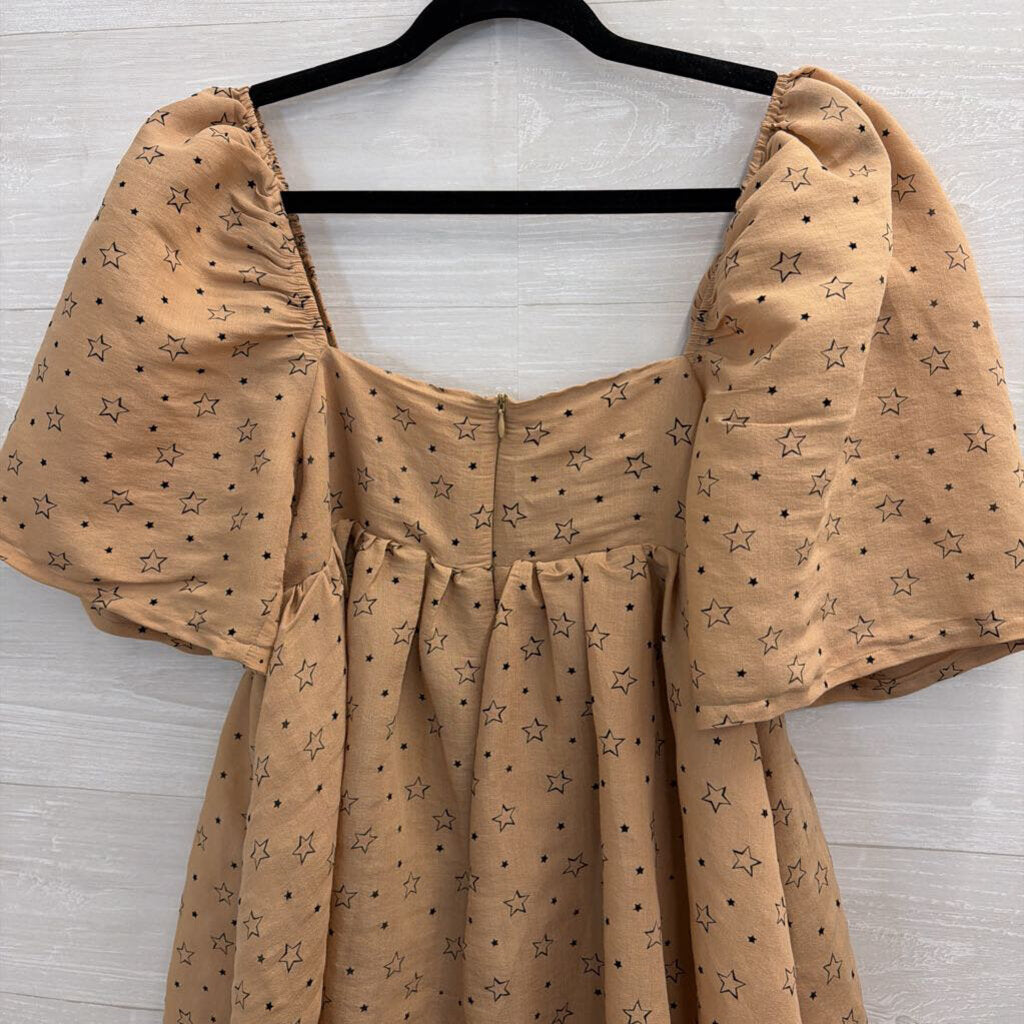 Brown/ Black Star Print Short Puff Sleeve Dress Medium
