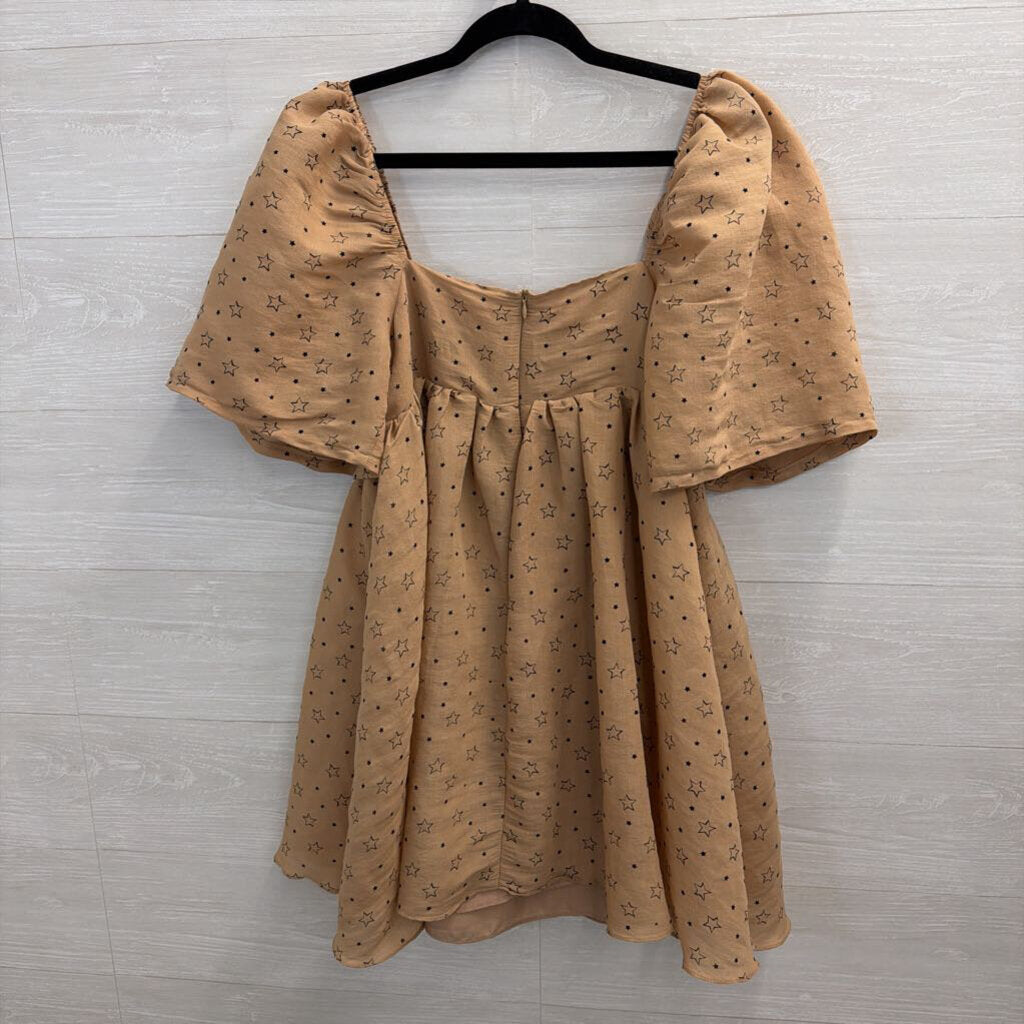 Brown/ Black Star Print Short Puff Sleeve Dress Medium