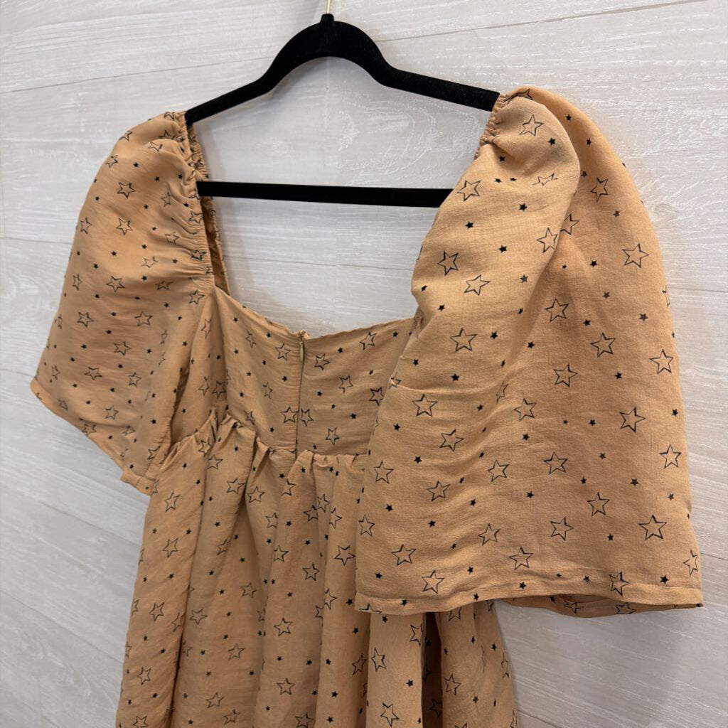 Brown/ Black Star Print Short Puff Sleeve Dress Medium