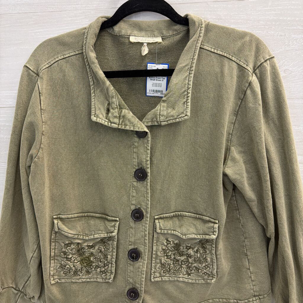 Solitaire Green Long Sleeve Front Pocket Button Front Top Small